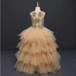 Золотое милое бальное платье с аппликациями кружевами и рюшами на тонких бретельках с цветочным узором для девочек простое платье без