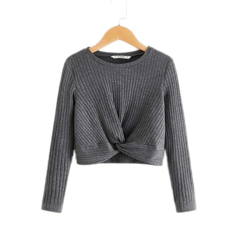 SHEIN Kiddie, серая трикотажная укороченная Повседневная футболка с крученым передом, детский топ, осень, классические футболки с длинным рукавом для подростков