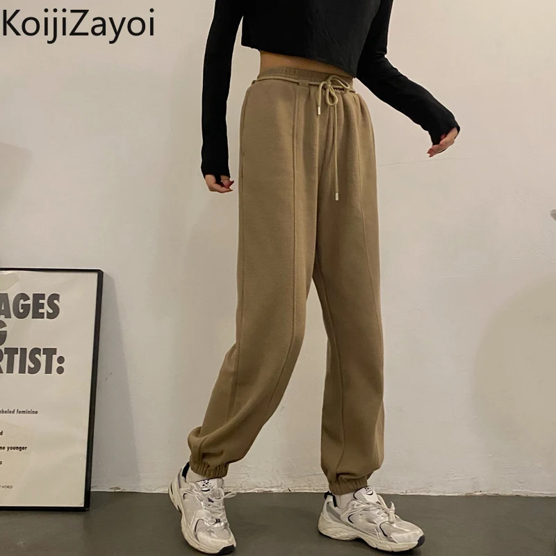 

Koijizayoi Women Waffle Fuzzy Solid Harem Pants Long High Waist Pantalon Students Casual Loose Sweatpants Winter Warm Pantalon