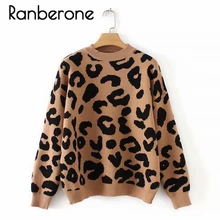 Ranberone Women Leopard Knitted Sweater Autumn Winter Animal Print Sweaters Thick Long Sleeve Female Pullovers Casual Tops Women
