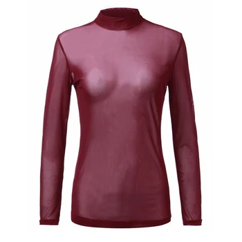 

Perspective mesh long-sleeved tulle top sexy Round Collar blouse Solid Color Female Long-sleeve Shirts