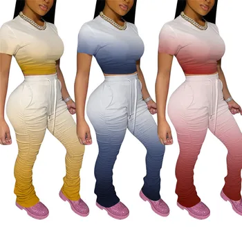 

Summer Women Two Piece Set Short Sleeve Pullover Crop Tops Gradient Stacked Long Pants Jogger Suit Tracksuit Matching Sets