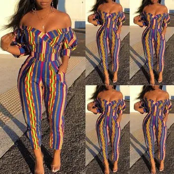 

Sexy Woman Off Shoulder Striped Jumpsuit Bodysuit Club Costume