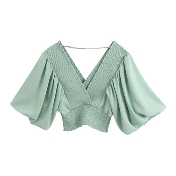 

Stylish Solid Chiffon Crop Top Blouses Women V Neck lantern Sleeve Elastic Loose Female Shirts Casual Blusas Female