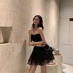 2019 Новый Модный летний черный сексуальный топ + Пышная юбка тонкий женский комплект из 2 предметов