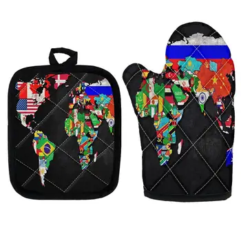 

Retro 3D Map Printed Heat Insulation Microwave Oven Mitts Baking Kitchen Tools Set of 2 Cushion Covers and Oven Golves Non-Slip