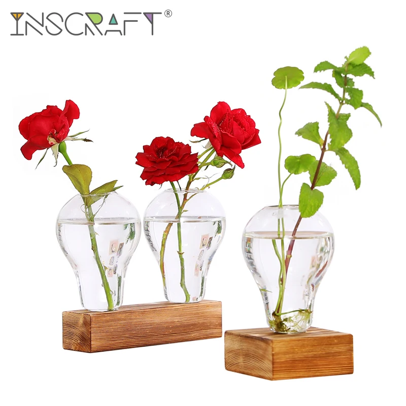 

Desktop Glass Planter with Wooden Stand Hydroponics Plants Bulb Desktop Terrarium Flower Vase Home Office Decor