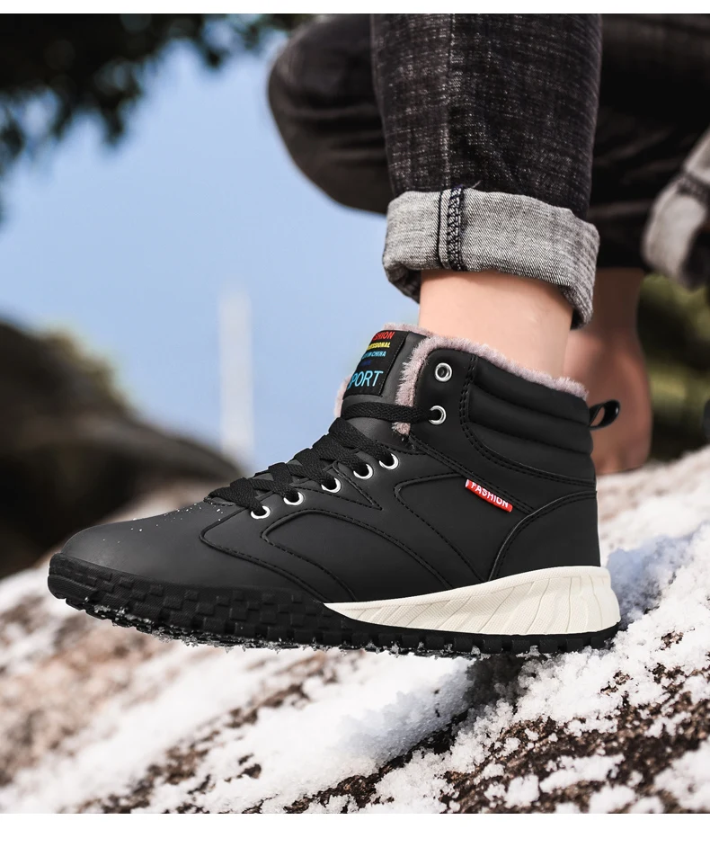 Men Boots Winter With Fur Plush Warm Ankle Snow Boots Rubber Work Waterproof Shoes Men Sneakers Male Casual Leather Boot