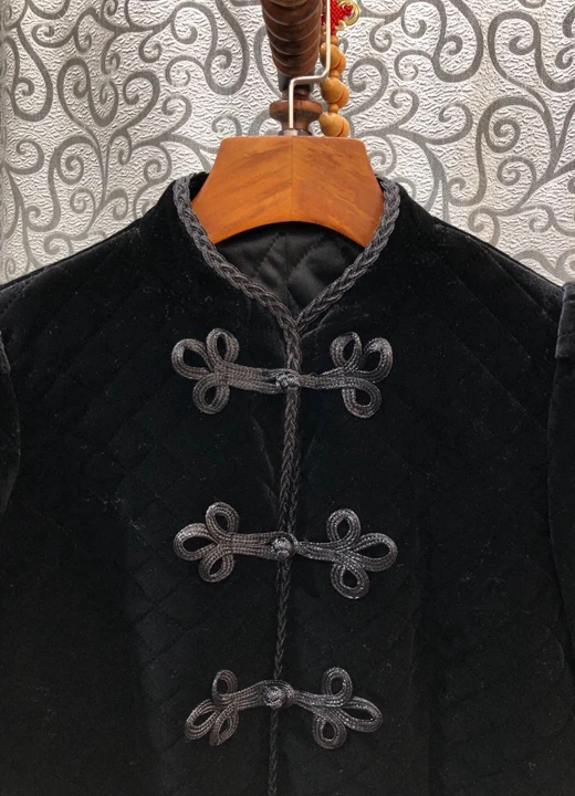 Бархатная куртка осень-зима, винтажное пальто для женщин, Qipao, на пуговицах, с хлопковой подкладкой, с длинным рукавом, черные топы, пальто, элегантная верхняя одежда 60s