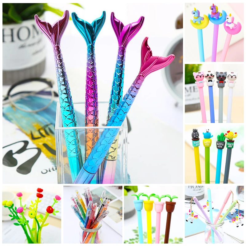 

Mix Colored Cute Kawaii Mermaid Flower Gel Pen Glitter Flamingo Unicorn Black Cat Panda Ice Cream Cactus Kawai Stationary Thing