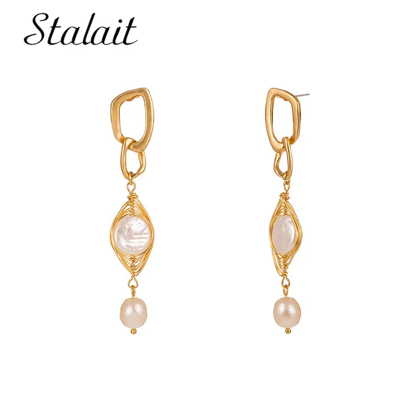 

Korean Sweet Bohemian Irregular Geometric Fresh Pearl Drop Earrings Gold Color Jewelry