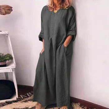 

Fashion Women Bohemian Style Slim Up Maxi Dress Round Neck Solid Color Loose Linen Long Sleeve Autumn Holiday Dresses Vestidos