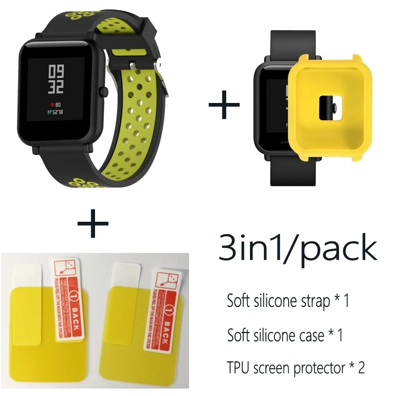 3в1 Для Xiao mi Hua mi Amazfit Bit ремешок BIP PACE Lite Молодежные умные часы mi Fit braceket+ силиконовые полосы+ мягкий чехол+ 2 пленки для экрана - Цвет: Black yellow-Yellow