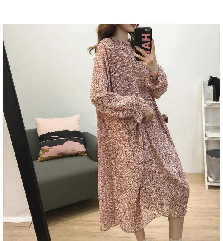 Loose-Fit Stand Collar Floral-Print Chiffon Long-sleeved Dress Autumn And Winter Women's Large Size Slimming Medium-length A- li