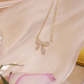 Romantic Charm Brilliant CZ Bowknot Lady Necklace 14k Plated Gold Super Shining Zircon Clavicle Rope Charin Stylish Kolye Gift 4