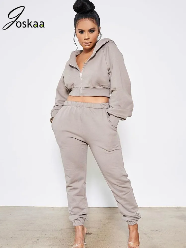 

Joskaa Winter Autumn Women 2 Pieces Set Hooded Long Sleeve Casual Zipper Clothes Biker Solid Warm Jogger Trouser Sweatsuits