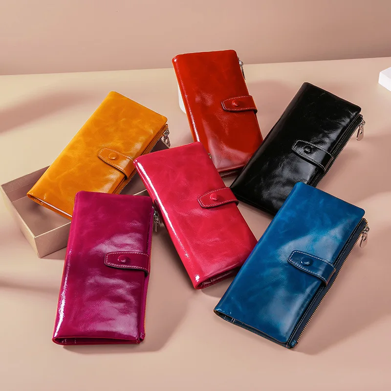 

Hot Sale Long Style Multi-Function Oil Wax Upper Top Grain Cowhide Card Holder Cow Leather Women 's Wallet