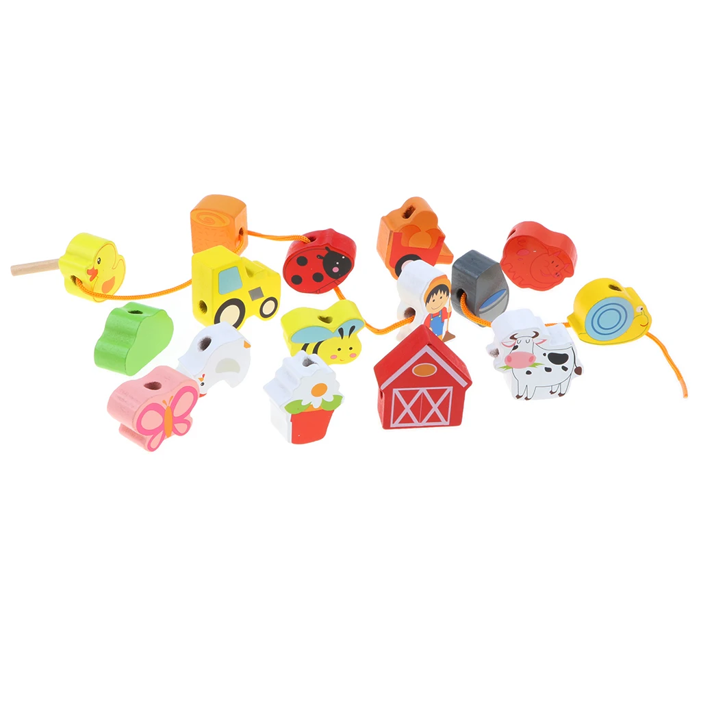 Wooden Lacing & Stringing Beads Cartoon Farm Animals with String Toddler Preschool Fine Motor Skills Toys