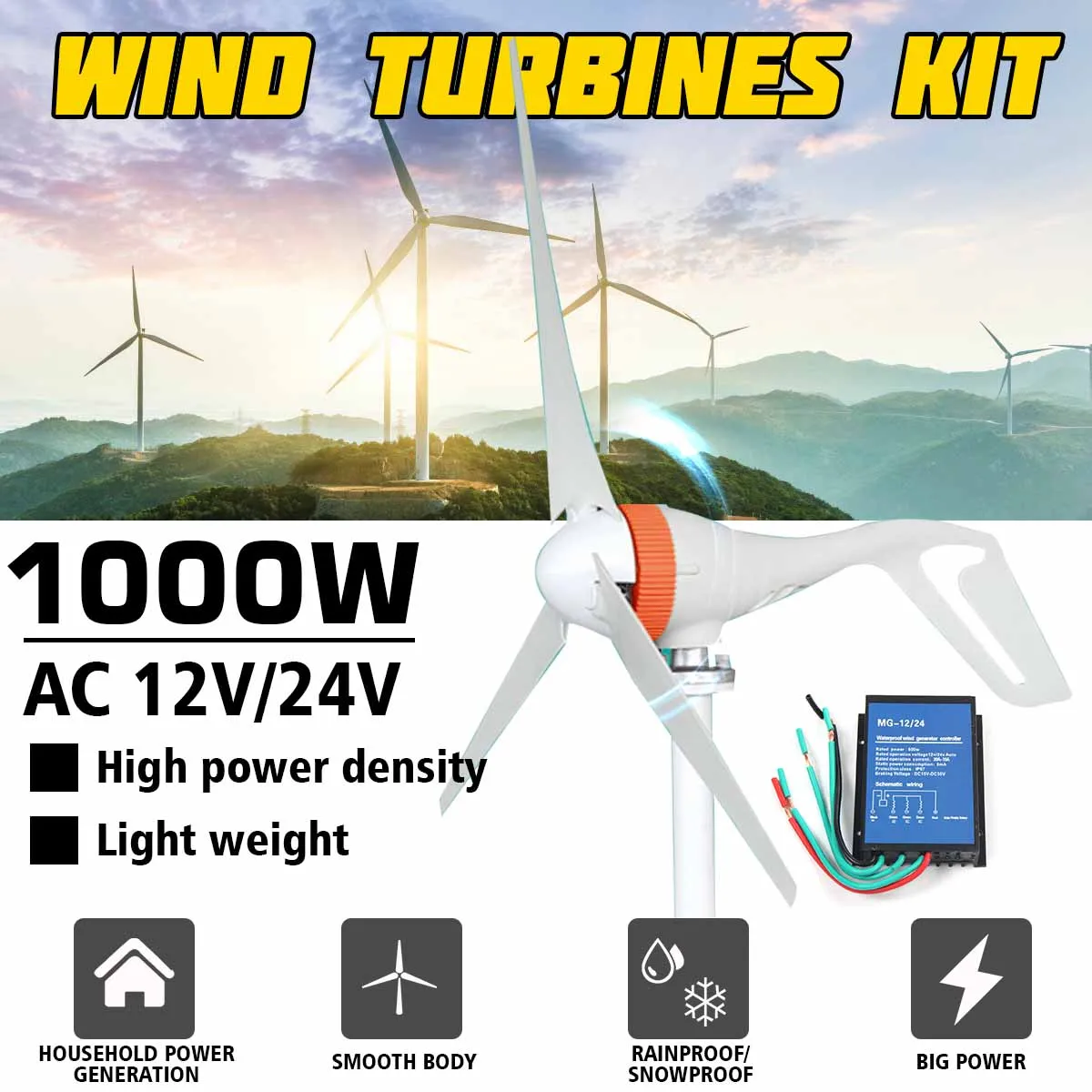 

1000W Wind Generator 12V/24V 3 Blades Wind Power Turbines With Controller Vertical Axis Miniature Magnet Generator For Home Camp