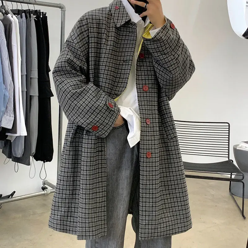 Winter Plaid Coat Men's Warm Fashion Retro Casual Woolen Jacket Men Streetwear Wild Loose Korean Long Woolen Coat Men M-XL Winter Plaid Coat Men's Warm Fashion Retro Casual Woolen Jacket Men Streetwear Wild Loose Korean Long Woolen Coat Men M-XL
