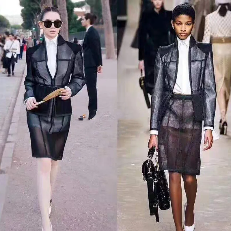

2019 Autumn Winter New Turn-down Collar Full Sleeves Mesh See Through High Waist Blazer OL Mini Length Slim Skirts Set WJ53001L