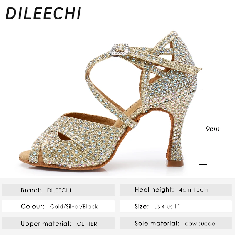 DILEECHI туфли для латинских танцев; Цвет серебристый, золотой; большие и маленькие стразы; блестящие женские туфли для бальных танцев; мягкие вечерние туфли для сальсы