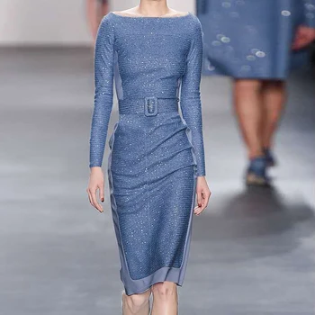 

2020 Fall New Style Long-Sleeved Belt Elegant Temperament Self-Cultivation Mid-Length Dress Women High Quality Fashion