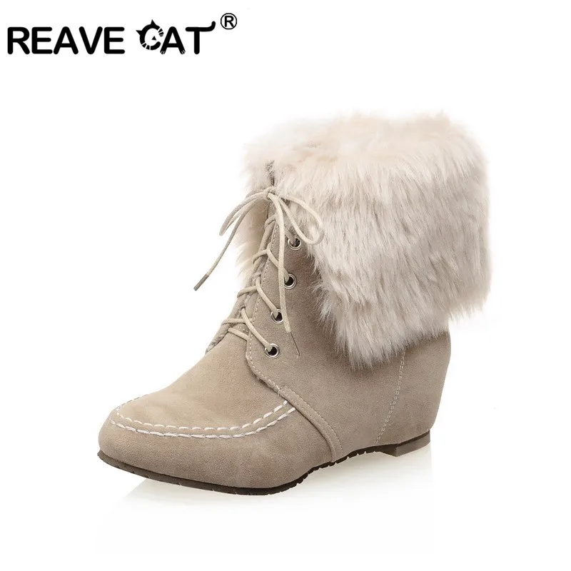 

REAVE CAT women's winter boots Lady snow boots wedge Shoes warm fur lace up Shoes Big Size 43 beige red black