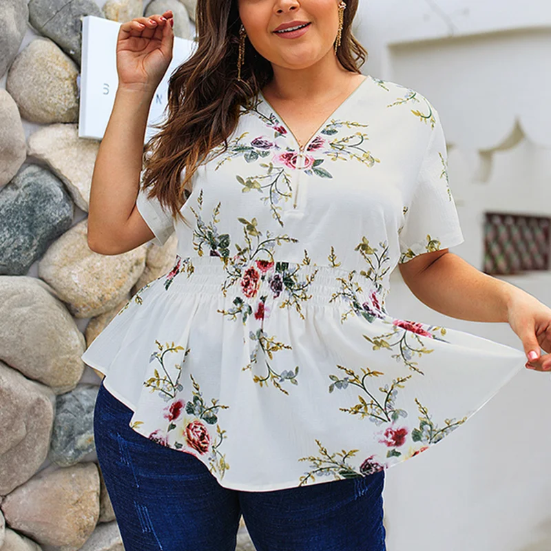 Women Top Shirts Summer Spring Blouses Flower Print Plus Size Chiffon Shirts Tops Tees Casual Autumn Zip V-neck New Women Blouse