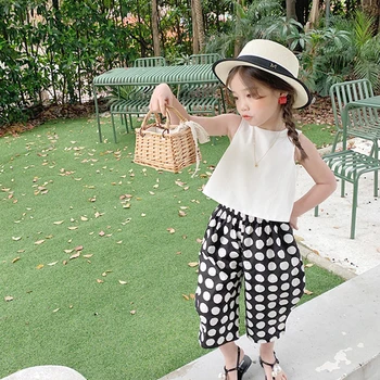 

Kids costumes girl clothes 2020 summer new vest sleeveless shirt tops chiffon polka dot turnip pants suit 3-8 Quality child wear