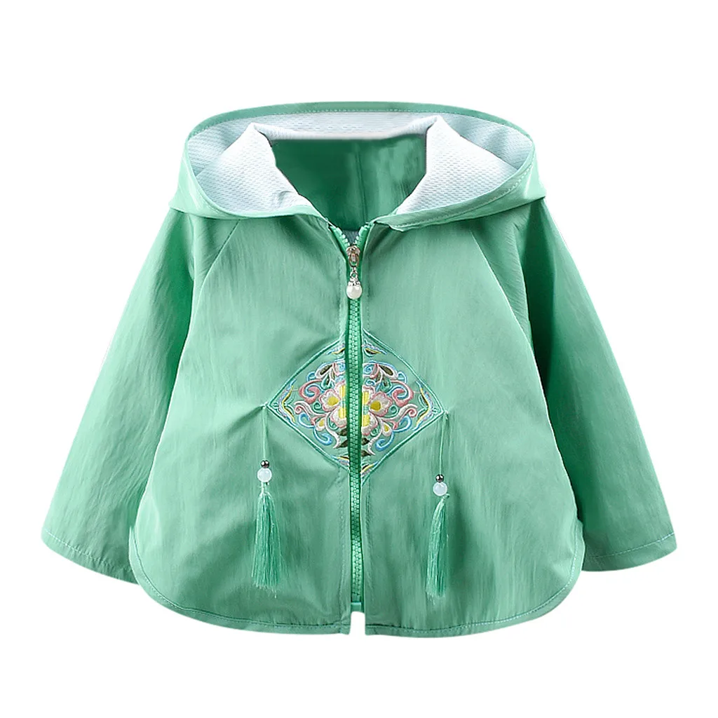 Осенняя верхняя одежда для малышей, пальто с цветочной вышивкой для маленьких девочек, модная верхняя одежда с капюшоном и кисточками, одежда с длинными рукавами, W1126 - Цвет: Green