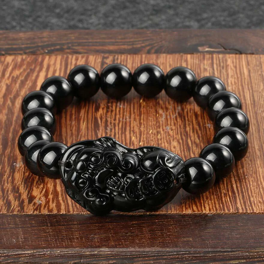 Мужской/женский браслет из черного камня Feng Shui Pi Xiu Obsidian с бусинами золотые
