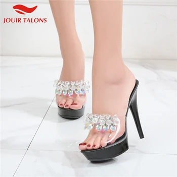 

JOUIR TALONS Sexy Big Size 43 Fetish High Heels Transparent Crystals Party Summer Sandal Mules Slippers Woman Shoes Women