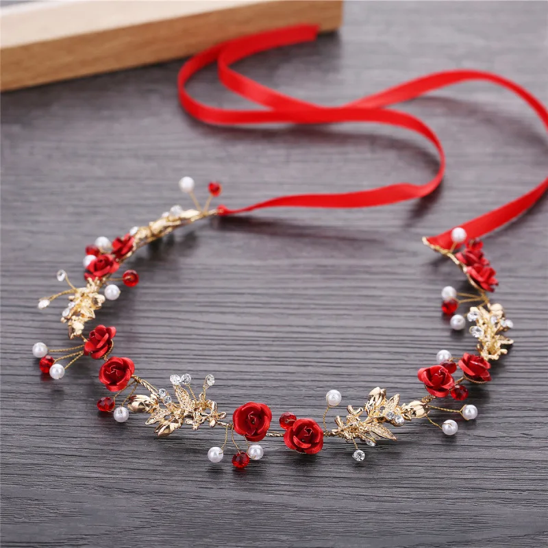 Bridal Wedding Tiara Red Rose Flower Headband Gold Leaf Hair Vine Hair