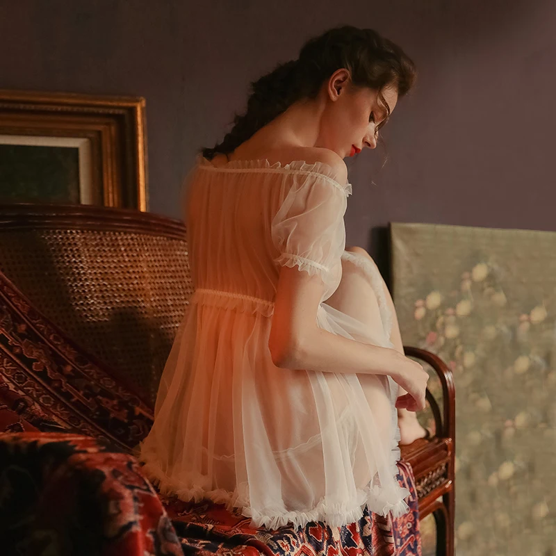 Халат ElegantWomen Ночное платье сексуальное ночное белье плюс размер кружевная ночная рубашка стринги сексуальное женское белье платье