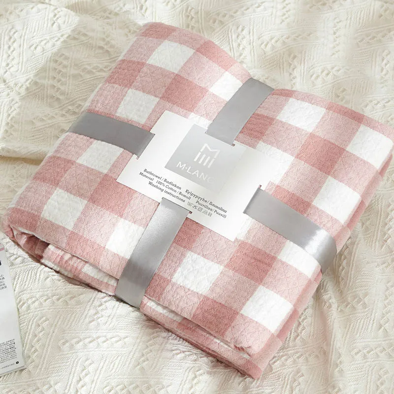 pink small grid Одеяло из бамбукового волокна для путешествий, мягкое покрывало с ворсом, двухъярусное, летнее, воздухопроницаемое, клетчатое, мягкое, дышащее, покрывало - Цвет: pink small grid