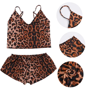 

Women lovely Home pajamas Suspender top Satin Camisole PajamasShorts Lingerie Set Simulation Silk Leopard Pajamas