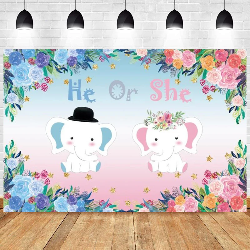 

He or She Gender Reveal Elephant Photography BackdropBaby Shower Happy Birthday Party Newborn Kids Photo Background Banner