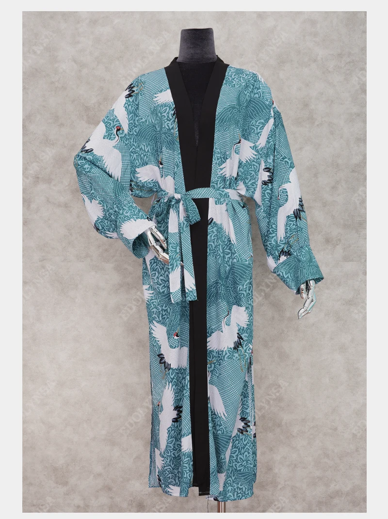 Boho Printed Summer Women Beachwear Kimono Bikini Cover-ups Beach Dress Blue Cotton Tunic Swim Wear Cover Up Robe de plage Q1029