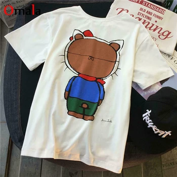 

korean kawaii Women Tee Funny Cartoon Print Short-sleeve Oversized Harajuku New Clothing Casual Female T Shirt Summer white tops