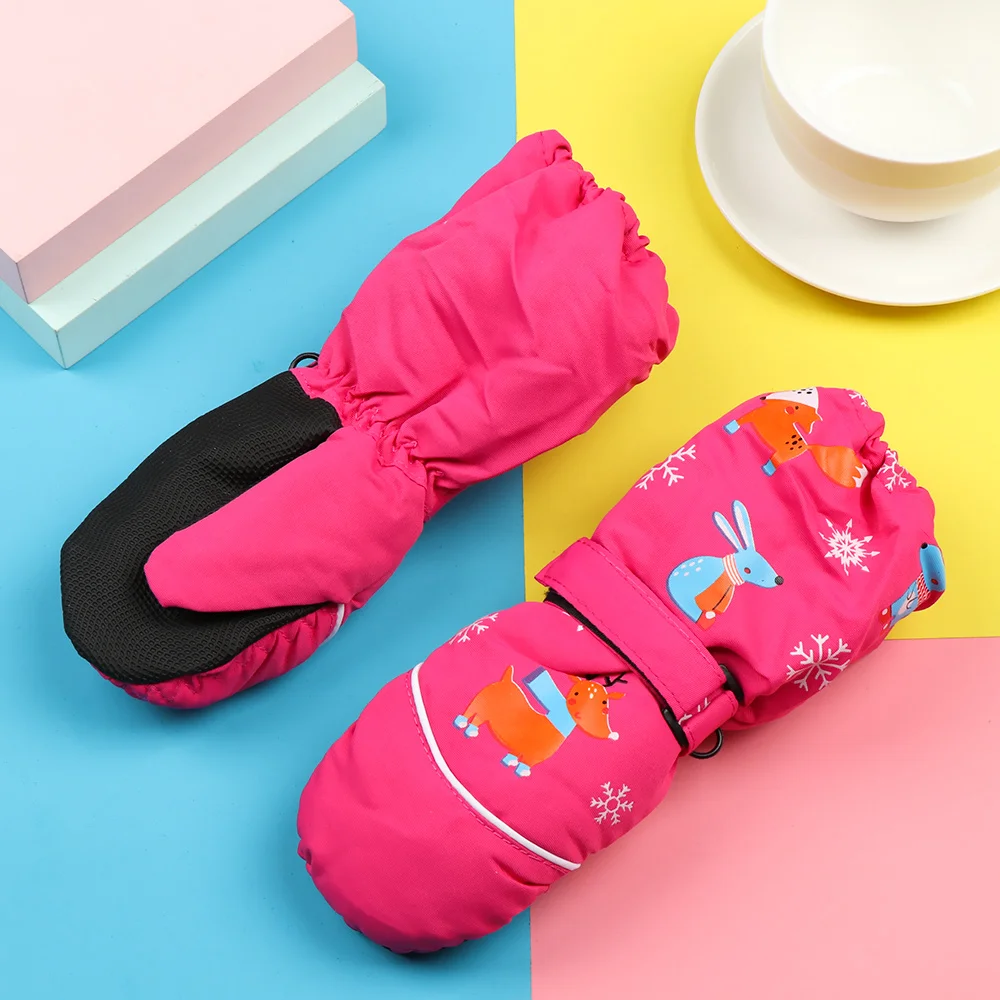 1Pair Cartoon Children Ski Gloves Long-sleeved Mittens Winter Windproof Waterproof Thick Warm Non-slip Deer Rabbit 2-6 Years Old