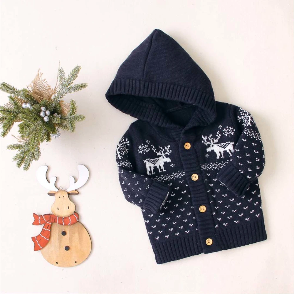 Осенне-зимняя одежда; рождественское теплое пальто для новорожденных; плотная вязаная куртка с капюшоном для маленьких девочек и мальчиков