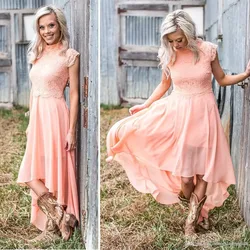 Hi Lo High Neck Lace Chiffon Cap Sleeves vestido A-Line Beach Wedding Guest Party Gowns 2018 Cheap Country Bridesmaid Dresses