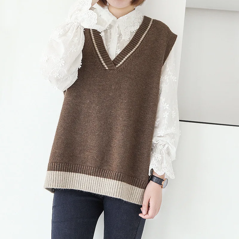 

Women Knitted Vests V-neck Korean Style 2019 Autumn New Sleeveless 3 Color Women Cloths Patchwork Casual Vests Sweater