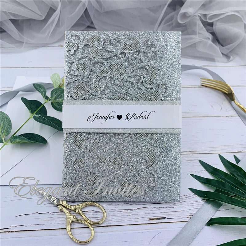 Современный Блестящий серебряный конверт с лазерной резкой складкой цветочным и