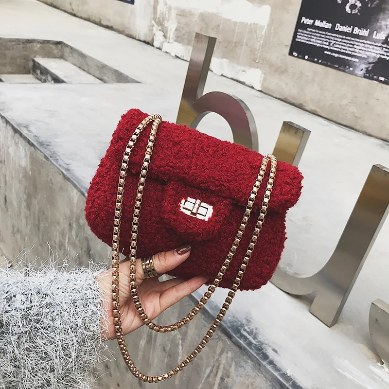 

Winter New Style Plush Lambs Wool Stereo Square Sling Bag Lock Simple One-Shoulder Cross-body WOMEN'S Bag