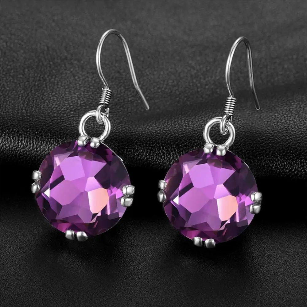 

100% Real Sterling Silver 925 Drop Earrings For Women Round Shape Gothic Fine Jewelry Amethyst Drop Earrings Korean Fashion New