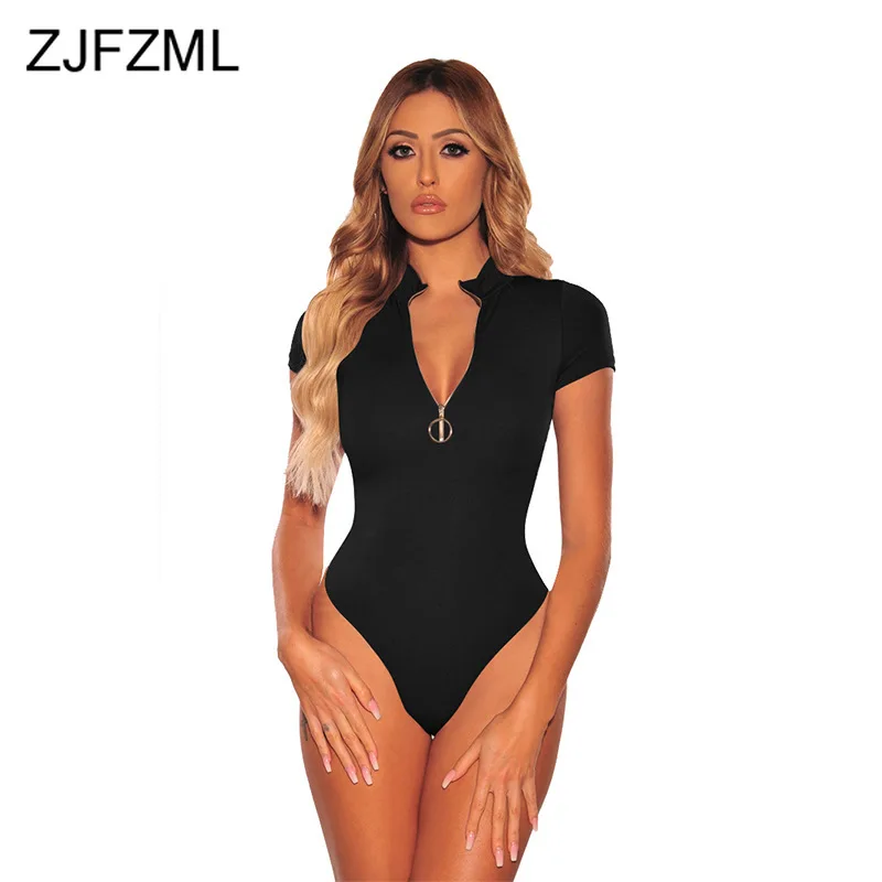 Body de vendaje frontal con cremallera para mujer, vestido ceñido liso Sexy, Mono corto informal de manga corta, mono de una pieza 2021