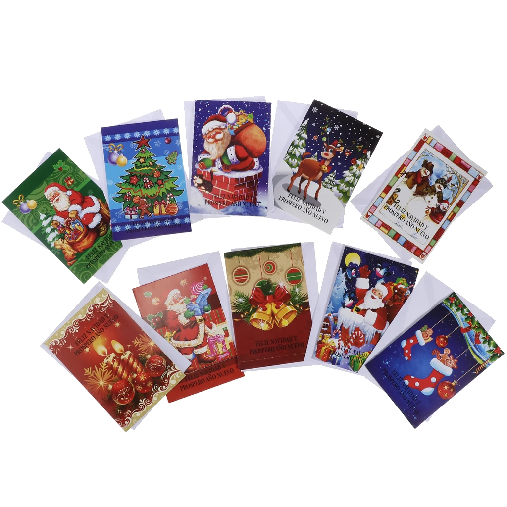 10pcs/set Merry Christmas Greeting Cards with Envelopes Xmas Gift Cards Winter Holiday Festival Greeting Supplies for Friend Kid
