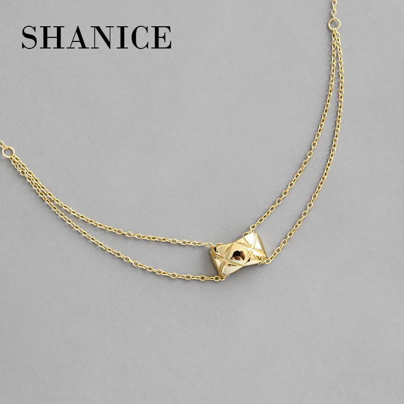 

SHANICE 925 Sterling Silver Niche temperament rhombic lattice double-layer Necklace Women Fashion Jewelry Birthday Present